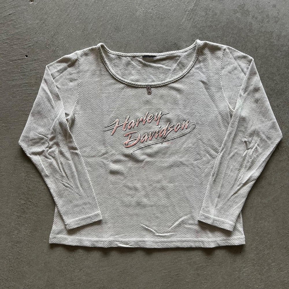 Vintage 90s Harley Davidson Long Sleeve Shirt Womens Medium Gray Thermal Waffle